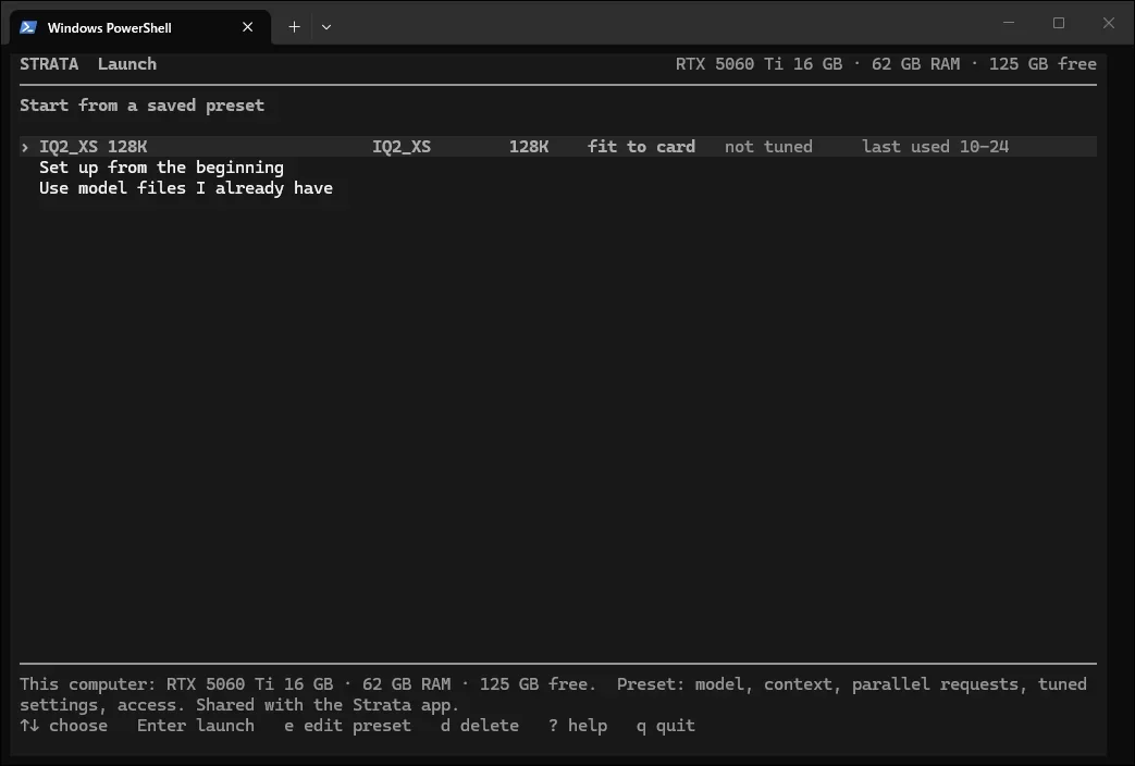 strata launchの開始画面。保存したプリセットIQ2_XS 128Kが一覧に表示されている