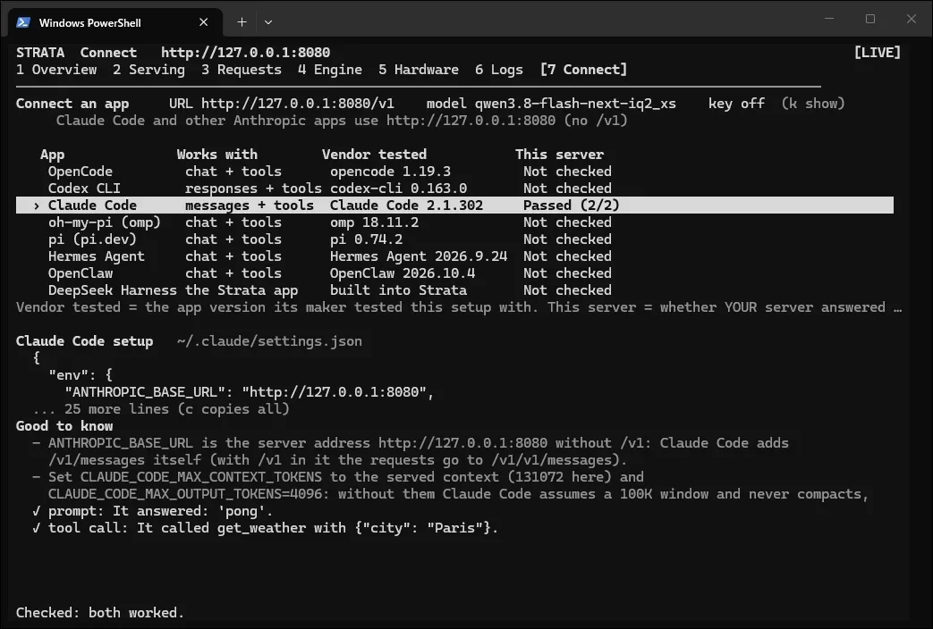 ターミナル版モニターのConnect画面。OpenCode、Codex CLI、Claude Codeなど8つのアプリの設定が並び、Claude CodeのThis serverがPassed (2/2)になっている