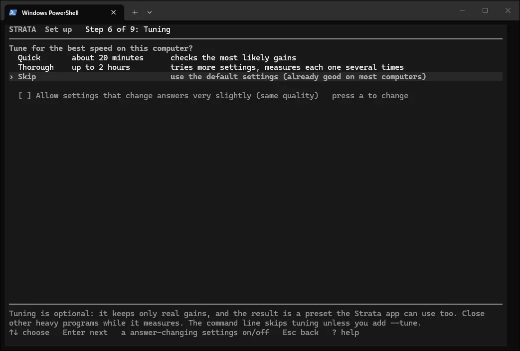 Step 6 Tuning。Quick（約20分）、Thorough（最大2時間）、Skipから選べる