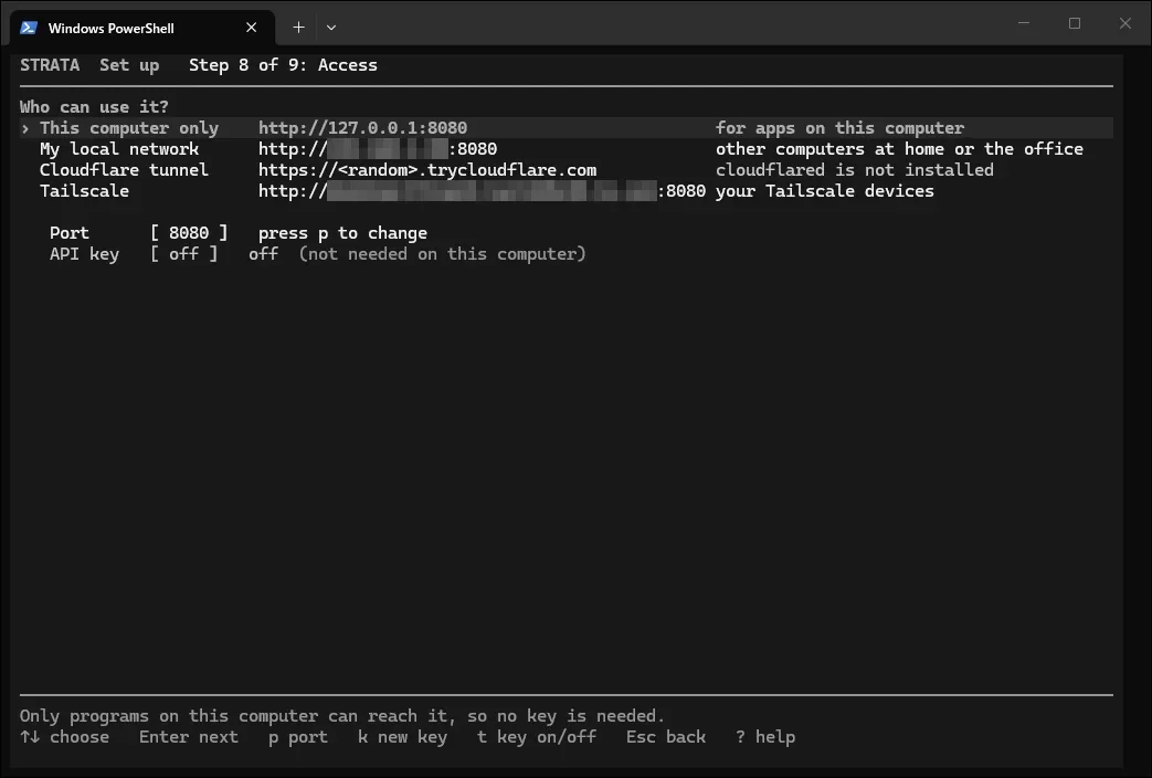 Step 8 Access。このコンピューターのみ、ローカルネットワーク、Cloudflareトンネル、Tailscaleから接続できる範囲を選べ、ポートとAPIキーの設定がある（ローカルIPアドレスとホスト名はモザイク処理）