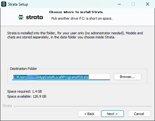 インストール先の選択画面。既定ではユーザーフォルダー内のAppDataocalrogramstrataに入り、必要な容量は1.4GBと表示されている（ユーザー名はモザイク処理）