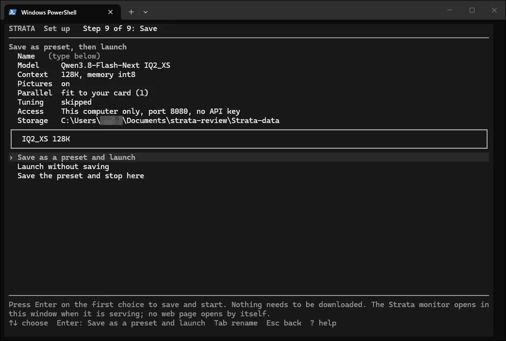 Step 9 Save。モデル、コンテキスト、画像、同時処理数、チューニング、アクセスの設定内容が一覧で表示され、プリセット名を付けて保存して起動できる（パスのユーザー名はモザイク処理）