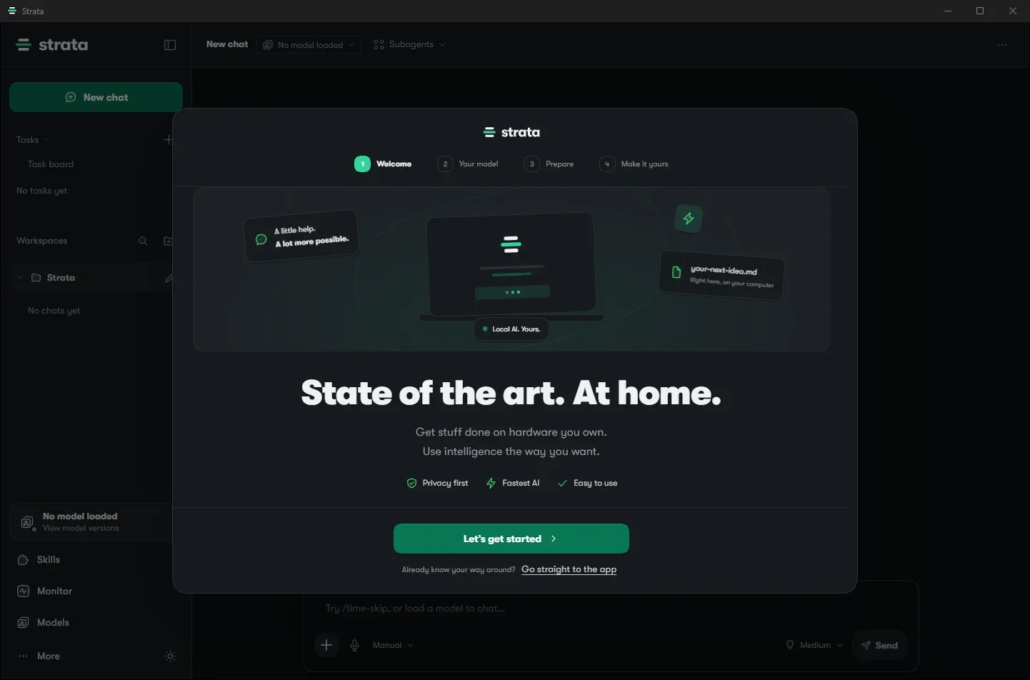 Strataアプリの初回起動画面。State of the art. At home.の見出しと、Let's get startedボタンがある