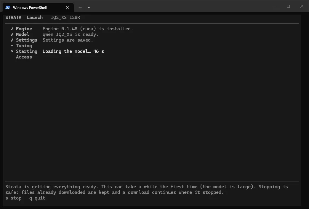 起動中の画面。Engine、Model、Settingsにチェックが付き、Loading the model…と表示されている